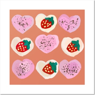 Pink Chocolate and Vanilla Strawberry Heart Cookies - Cute Kawaii Naive Nursery Baby Art Posters and Art